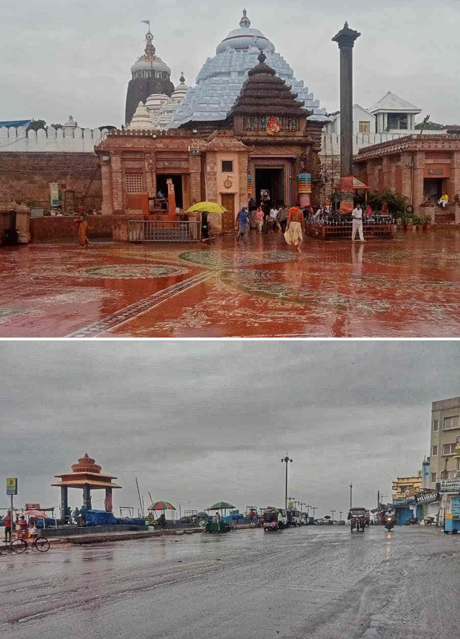 Puri has been receiving rainfall before Cyclone Dana hits the shore. In pictures, deserted Jagannath Puri temple and sea beach on Thursday as tourists have been advised to evacuate or move to a safer shelter away from the sea