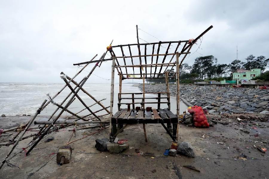 A shop is seen damaged at a beach at Digha after the landfall of Cyclone ‘Dana’, in Purba Medinipur district, West Bengal, Friday, Oct. 25, 2024.