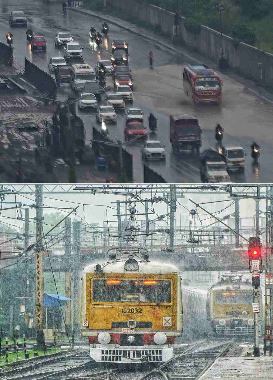 (Top) Cars and bikes had to switch on their headlights in the low morning visibility on Friday and (above) train services on the south section of the Sealdah division under the Eastern Railway could resume only at 10am after scheduled cancellations due to the cyclone 