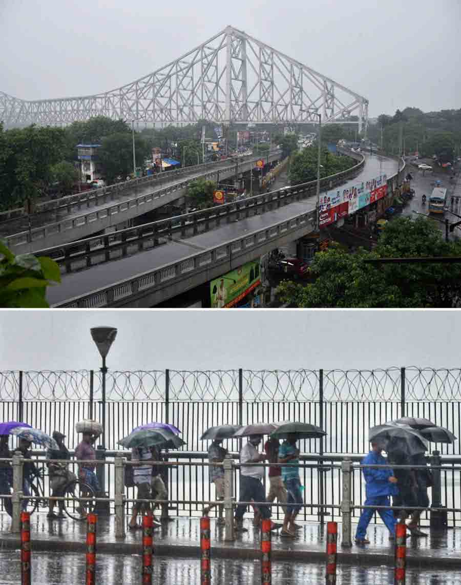(Top) Thin traffic on Brabourne Road flyover and (above) unavailability of public transport forces commuters to walk to office from Howrah station on Friday morning