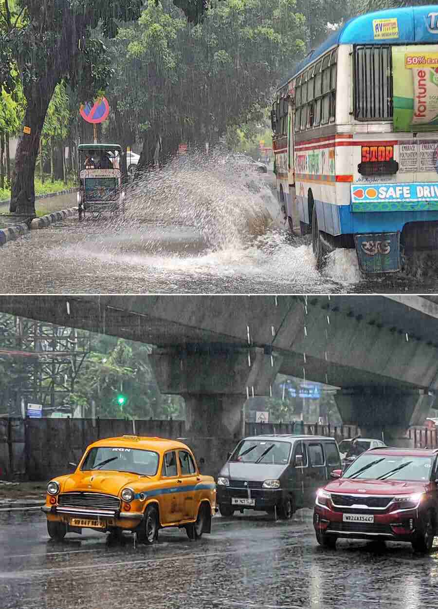 From the waterlogged service roads along VIP Road (top) to the main thoroughfares, the intense rain played havoc on those who dared to venture out on Friday 
