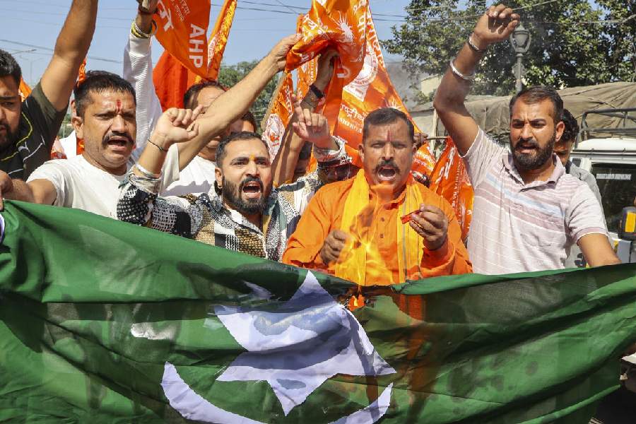 Bajrang Dal members protest against Pakistan in Gulmarg on Friday. The back-to-back militant attacks have suddenly brought Kashmir back into the militancy spotlight after a recent shift in rebel violence to Jammu. However, the militants in Jammu have been lying low for the past few weeks. PTI