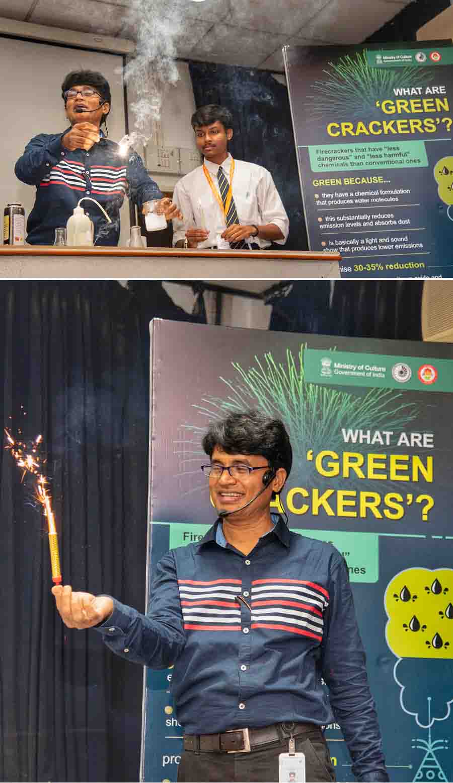 A scientist displays a new science show ‘Cracker Chemistry’ as part of the Science Carnival at Birla Industrial and Technological Museum in Ballygunge on Friday