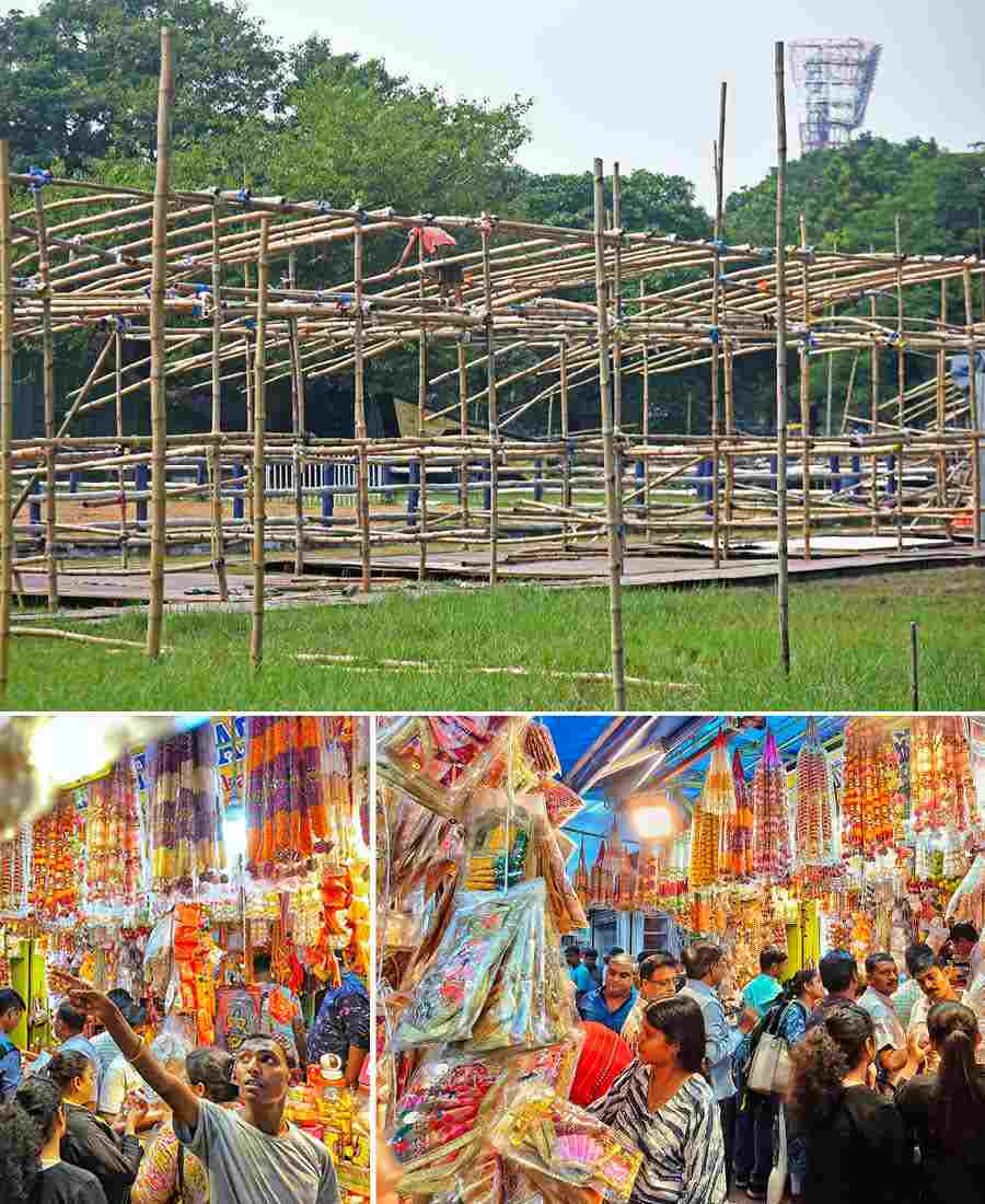 (Top) Stalls come up at Bazi Bazaar 2024 at the Shahid Minar grounds on Saturday and (above) people buy Kali Puja and Diwali paraphernalia from a shop in Jaanbazar at Esplanade on Saturday evening