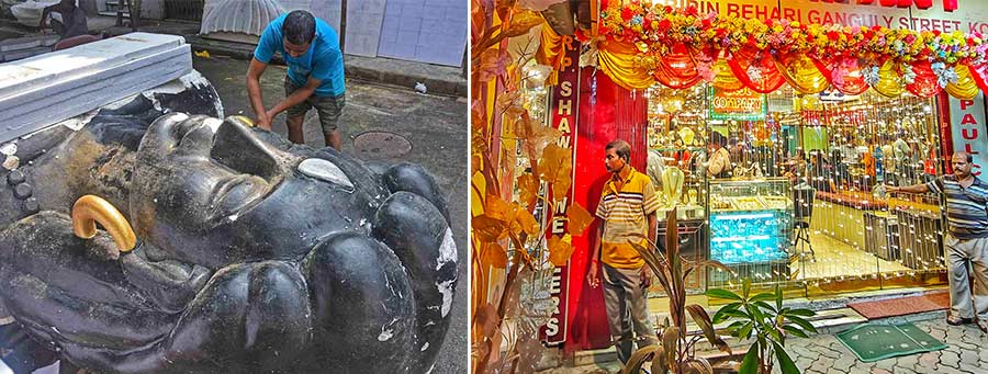 (Top) An artisan lent finishing touches to a prop of Shiva ahead of Kali Puja at Dompara and (above) jewellery shops at Bowbazar are fully decked up to woo customers for Dhanteras. The festival falls on October 29 this year 