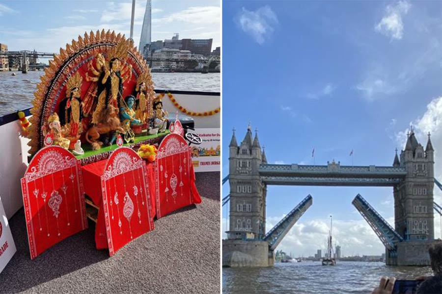 The mighty Tower Bridge opened up to make way for Durga