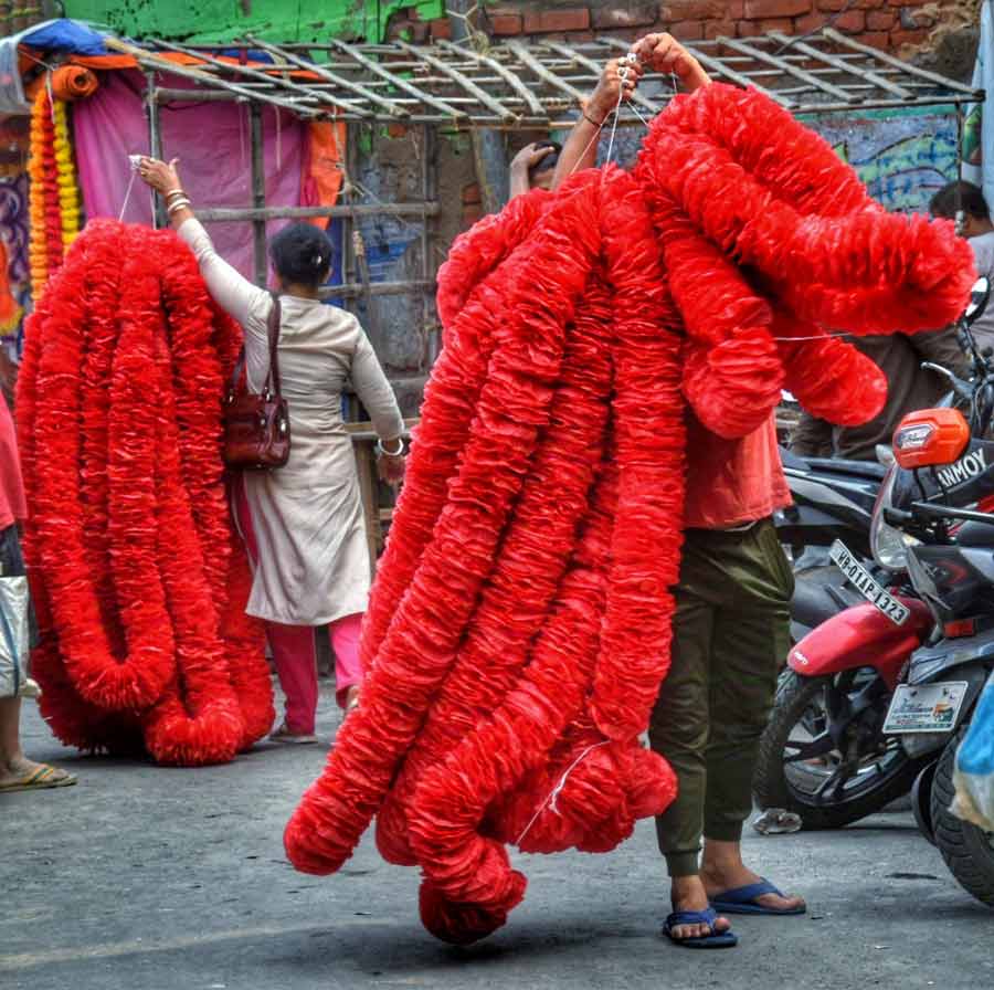 Vendors carry handmade hibiscus garlands made of paper in Kumartuli. Hibiscus is offered to the goddess during Kali Puja  