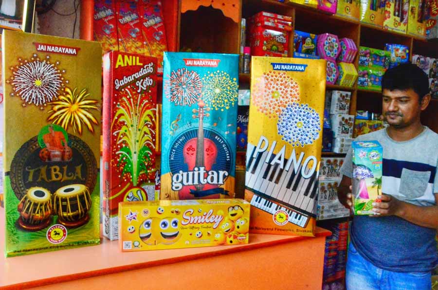Different kinds of green fireworks on display at a fair in Champahati. The fair will be held till October 31  