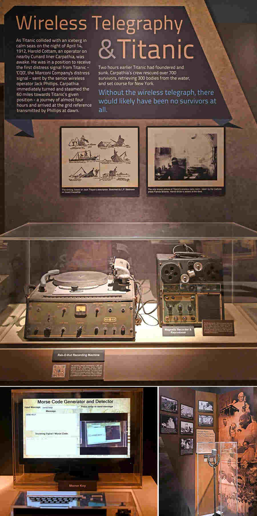 On the top floor of the museum is the Communications Gallery, known as Vintage Voyage, where visitors can explore nearly every piece of technology that led to the phones we carry today. The gallery features a broadcast section showcasing the Re-o-kur recording machine and the magnetic recorder and reproducer — a device credited with helping save 700 lives on the Titanic. There is also a Swadesh Connect section displaying communication tools used by Indians in the fight for freedom, including the Motwane Chicago microphone used in broadcasting messages across the country. The biggest attraction in the Communications Gallery is the Morse Code translator, which is a computer that allows you to type any message and generate the corresponding Morse Code — a crucial tool for information exchange during the World Wars