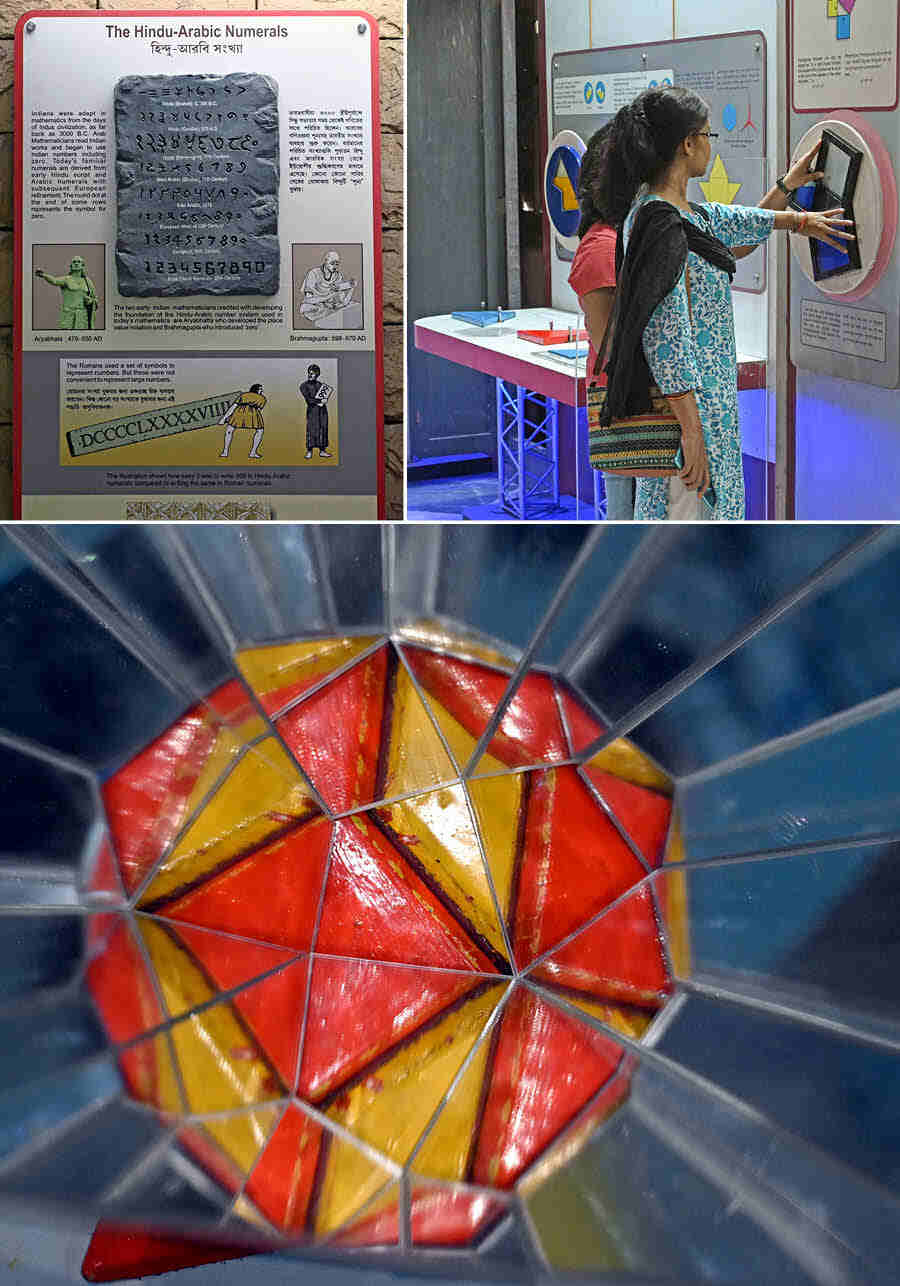 The Mathematics gallery at BITM aims to showcase how maths is used in creativity, inspiration and practical application. It features a tablet illustrating the origins of Hindu-Arabic numerals, showing exactly how each number evolved into the forms we recognise today. This gallery also provides practical demonstrations of concepts like the number line, decimal numbers, and binary numbers. Further along, visitors can observe how arithmetic and geometric progressions work, along with interactive displays of geometric shapes and their properties. A visual display explains the Pythagorean Theorem in a way that even those unfamiliar with mathematics can understand. As part of the Science Carnival, there is also an exhibit detailing the dimensions of Platonic solids