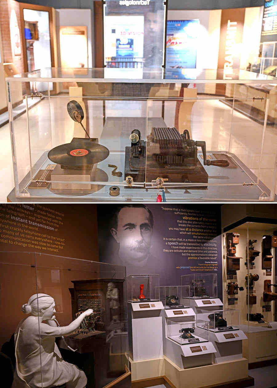 The communication system exhibit demonstrates how communication has evolved over the years, with the image on the left showing the first form of notification. Although the telephone was invented first and allowed calls to be made, a major issue was alerting the receiver to an incoming call. This device, connected to a gramophone, would ring a bell when a call was coming in. From the days of the telephone operator, responsible for patching calls through, to the Ericofon — the first phone that could be carried from one end of the house to the other. The USP of the Ericofon was its variety of colours and its unique design with the dial pad located at the bottom