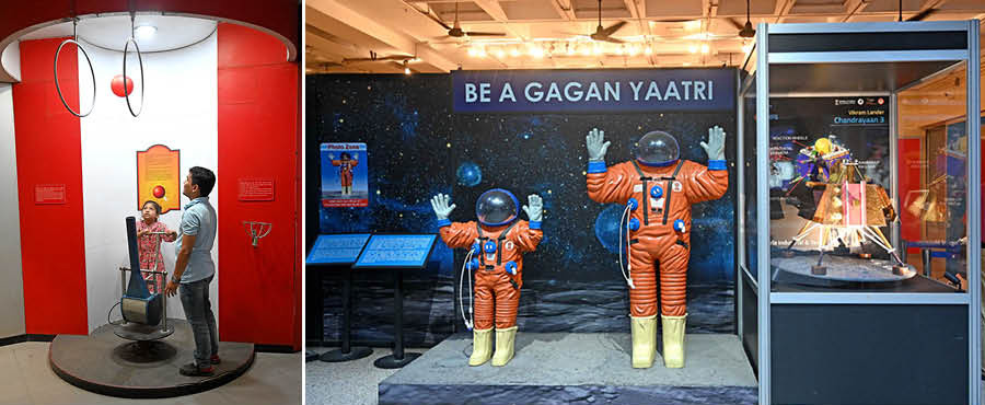 The Popular Science gallery features various interactive displays showcasing science across subjects like physics and chemistry. This is likely the area children enjoy most, as it resembles an amusement park with attractions like the Musical Corridor and the Frozen Shadow Room — both sparking great curiosity. You can even see how the concept of momentum works. Near the exit is a massive three-dimensional model of the Periodic Table, usually seen only as a chart. Don’t miss the models of Aditya L1 and Chandrayaan 3, and do take a picture with the Gagan Yaatri space suits to remember your visit to BITM