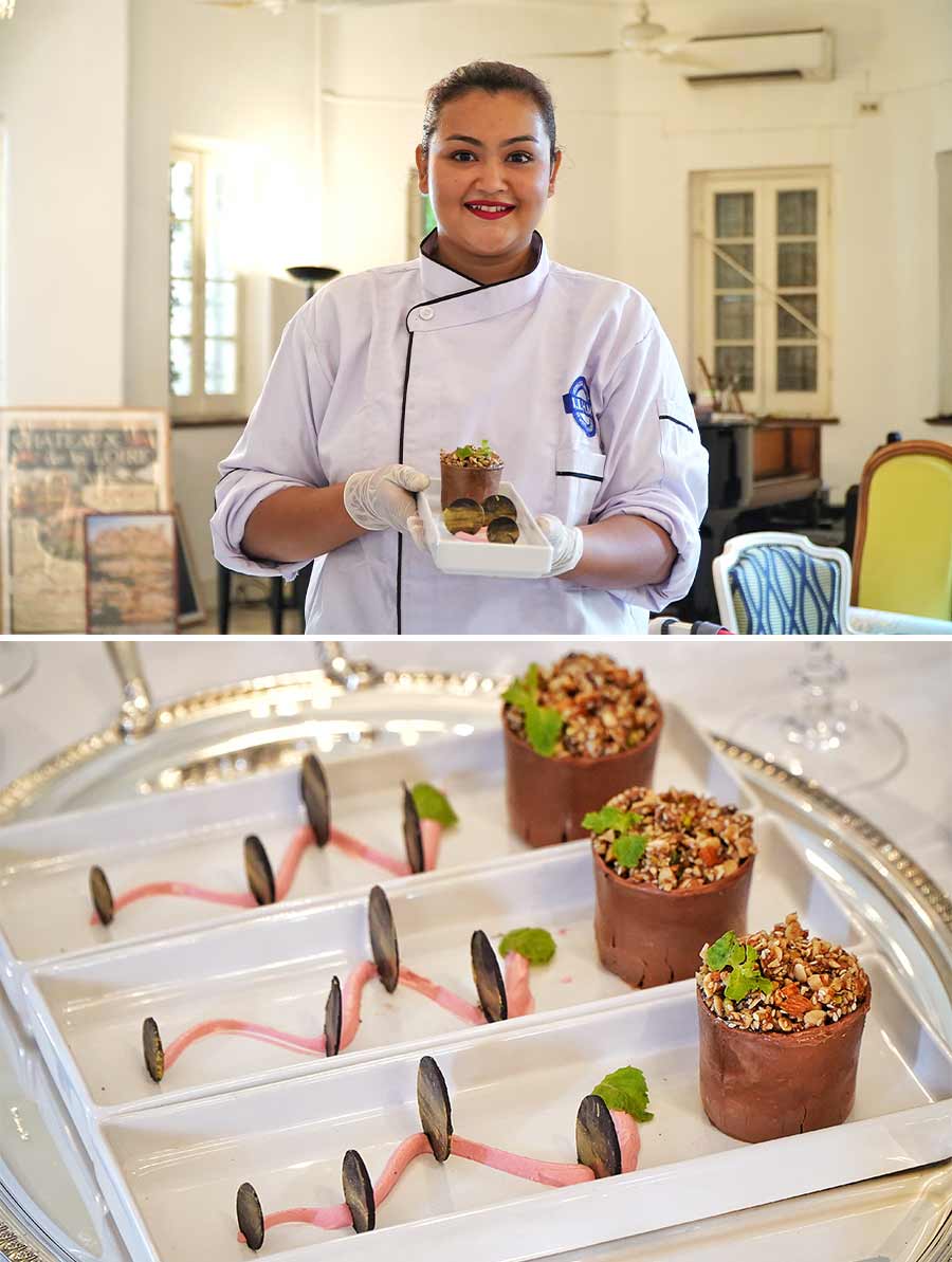 Sumedha Rakshit, third year student of food production at IIHM Kolkata, presented a chocolate dessert named Garden of Dreams. ‘I have used milk chocolate to make a pot that represents an earthen pot. There are many layers inside this entremet pot. The bottom layer is made with pistachio sponge and raspberry mousse. Above that there is Earl Grey tea jelly infused with rose petals. I have used white chocolate ganache and orange and the upper layer is made of seeds and nuts representing new life. I have used honey and jaggery powder to make it a healthier option’