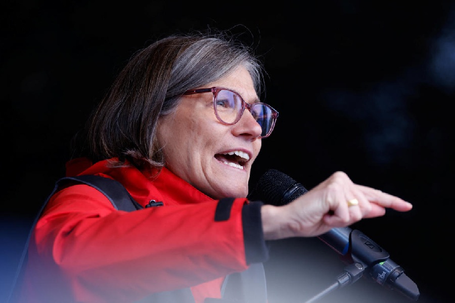 Christiane Benner, head of IG Metall, speaks during a protest of trainees and employees of German carmaker Audi demanding higher wages in front of the company's headquarters in Ingolstadt, Germany, October 29, 2024.