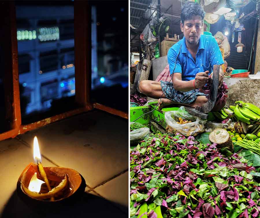 On the occasion of Bhoot Chaturdashi, people illuminate their homes with 14 diyas (clay lamps) and candles and (right) a vendor sells a mix of 14 spinach 