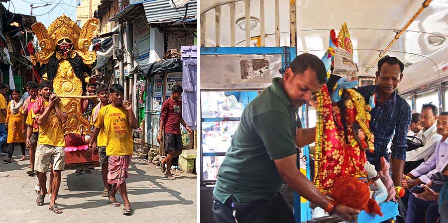 (Left) An idol of goddess Kali was carried from Kumartuli on the shoulders of the devotees while (right) another idol boarded the bus to reach its mandap  
