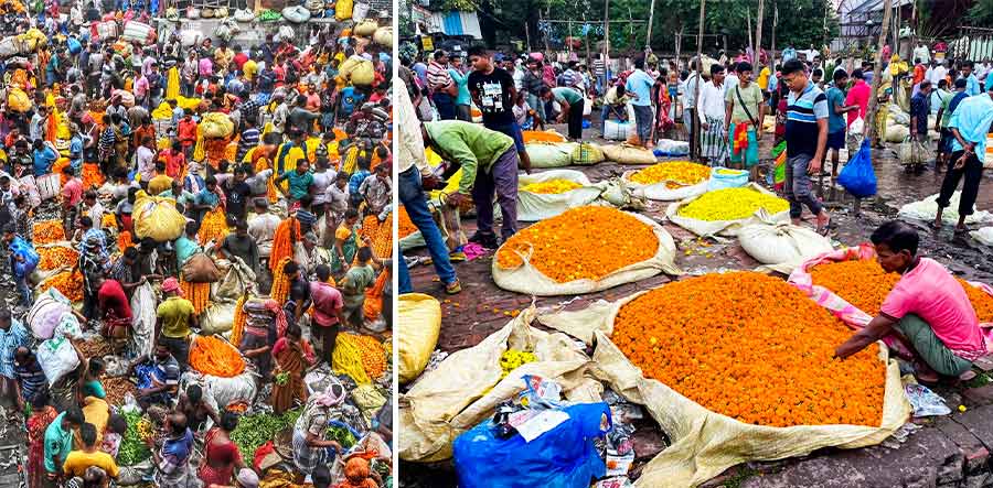 On Wednesday morning, people crowded Howrah Mullickghat and Kolaghat flower markets before Kali Puja and Diwali