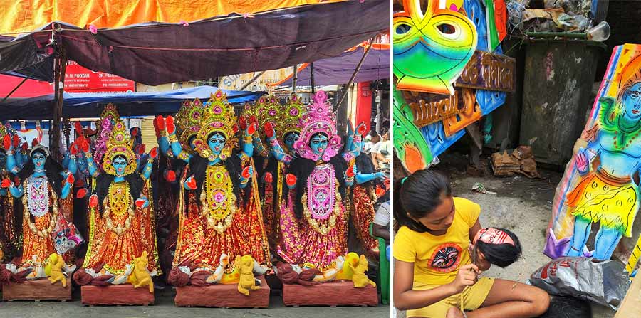 (Left) A day before Kali Puja, people buy idols of the goddess from VIP Road shopkeepers and (right) a girl in Kumartuli works on a 'munda mala'  