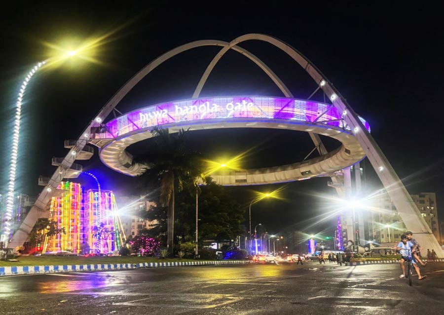 Biswa Bangla Gate adorned with fairy lights for Kali Puja and Diwali
