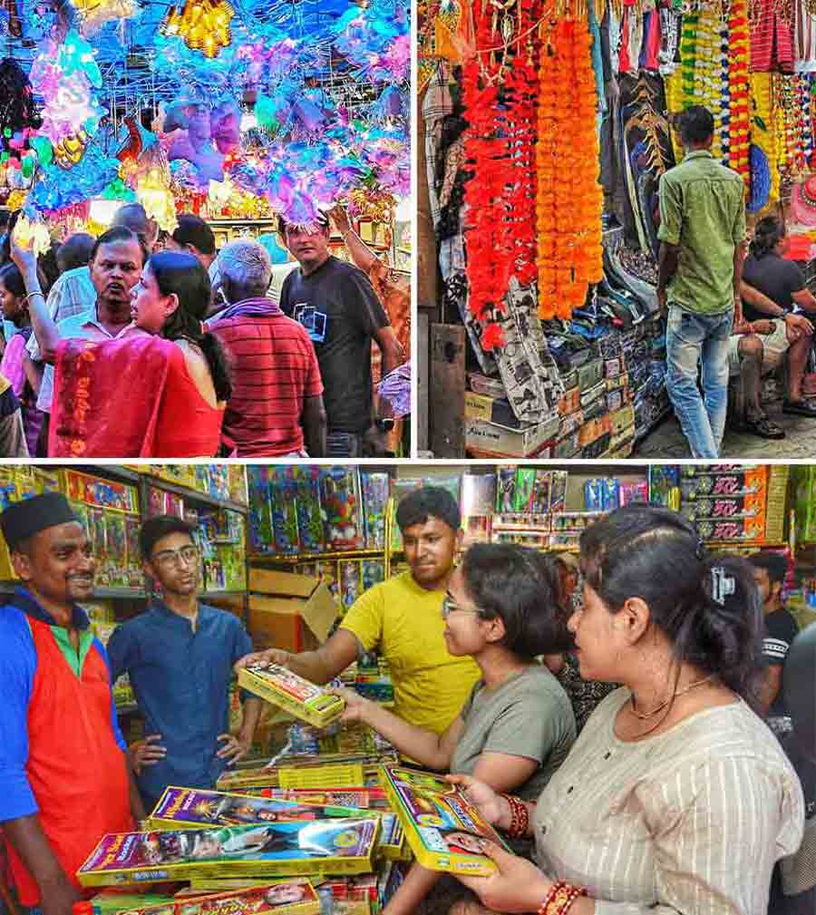 (Top) People buying lights and other decorative items from Gariahat for Diwali and Kali Puja  on Wednesday afternoon and (above) last-minute shopping for firecrackers at Bazi Bazar on Maidan    