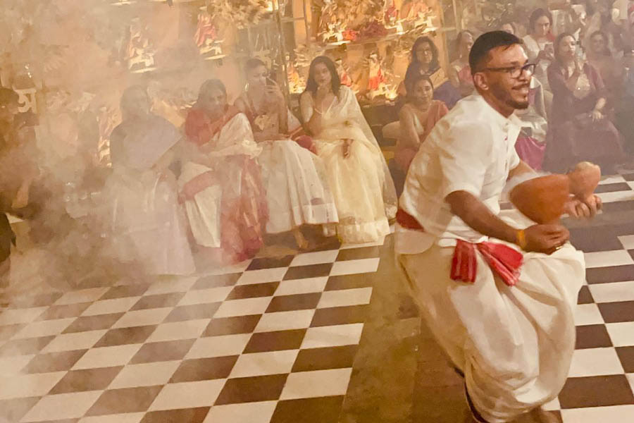 Nil derives joy from the collection of people he surrounds himself with. He is pictured here, enjoying a dhunuchi naach at his sister Oiendrila Ray Kapur’s Durga Puja this year