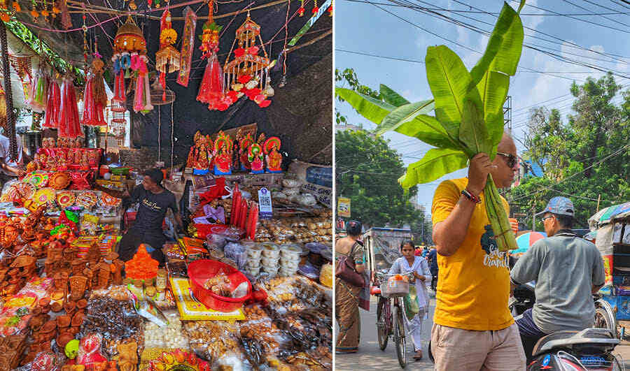 (Right) A shopkeeper arranges puja essentials for Kali Puja and Diwali on Thursday and (left) a man carries a banana plant to be used for puja rituals  