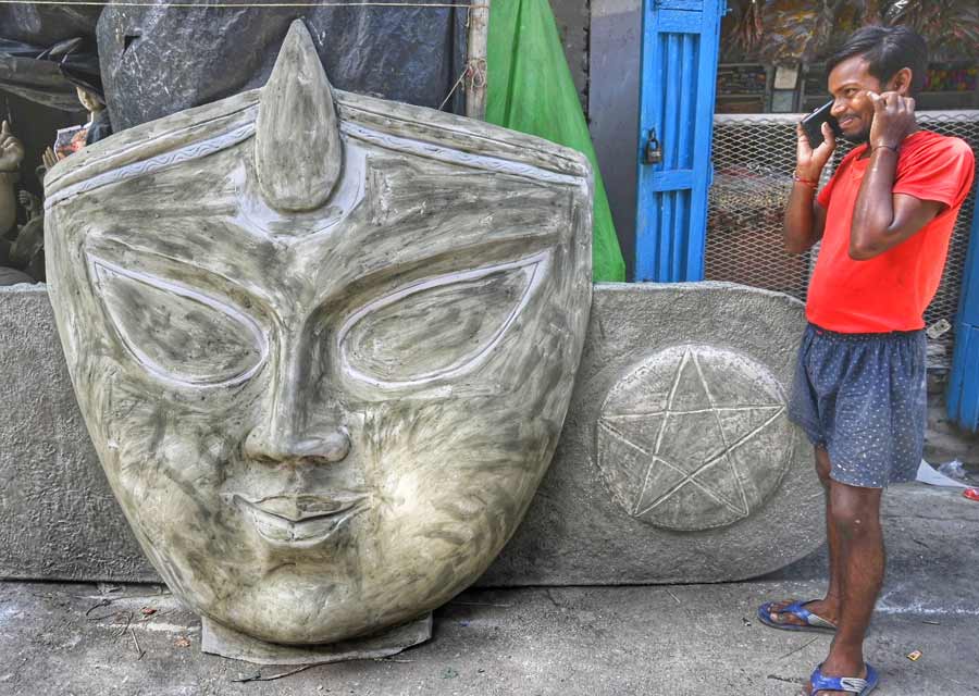 A big face of goddess Durga was spotted at Kumartuli 