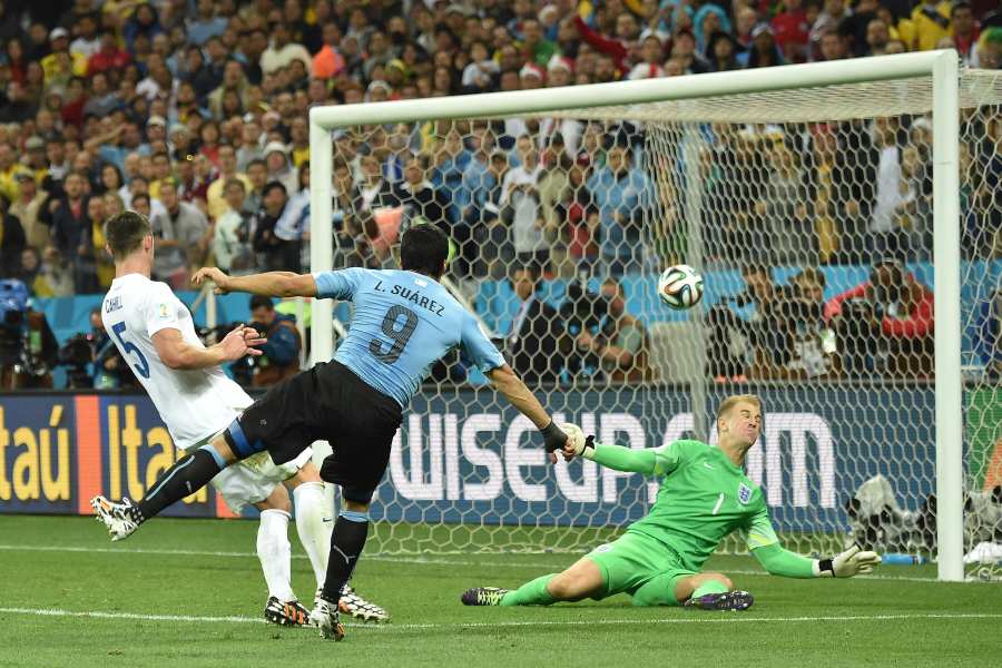 Luis Suarez scores for Uruguay to knock England out of FIFA World Cup 2014.