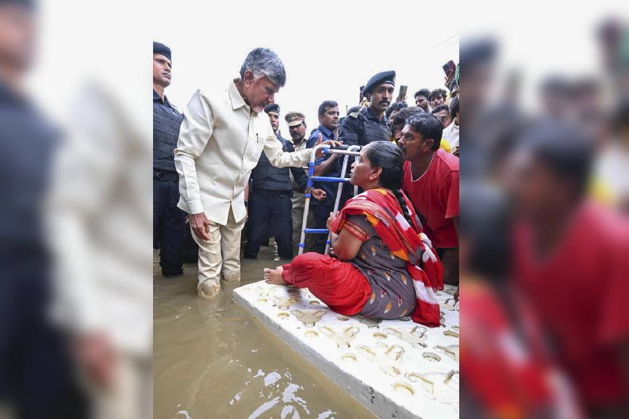 Chief Minister N Chandrababu Naidu meets affected people during his visit to the flood-affected areas, in Vijayawada on 3rd Sept