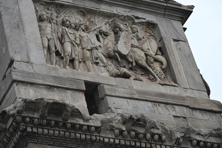 The damaged part of Constantine's Arch is seen after lightning struck it during a storm in Rome, Italy September 3, 2024. 