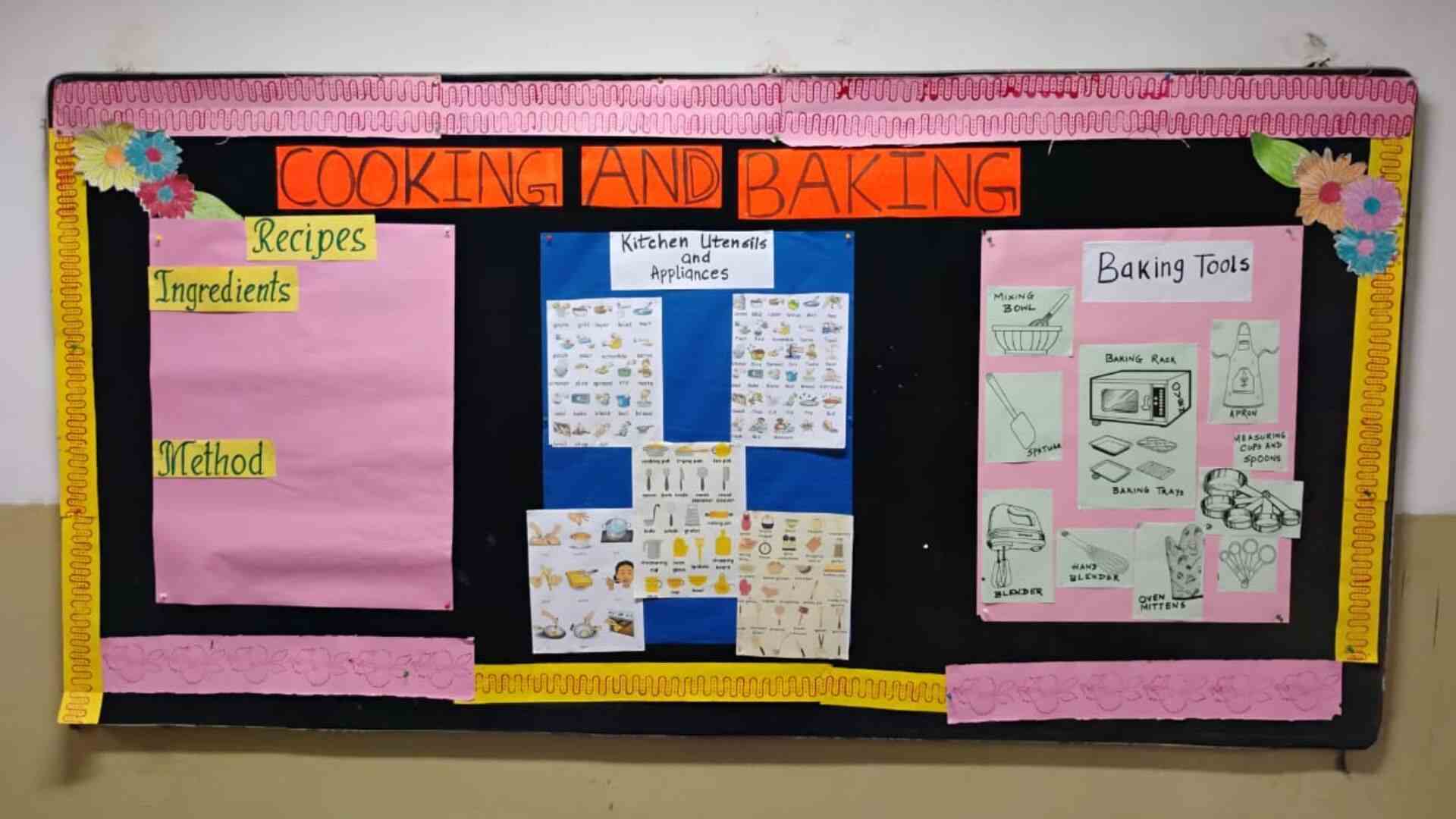 A board of instructions at Akshar School, Kolkata, teaching Cooking and Baking as a life skill.