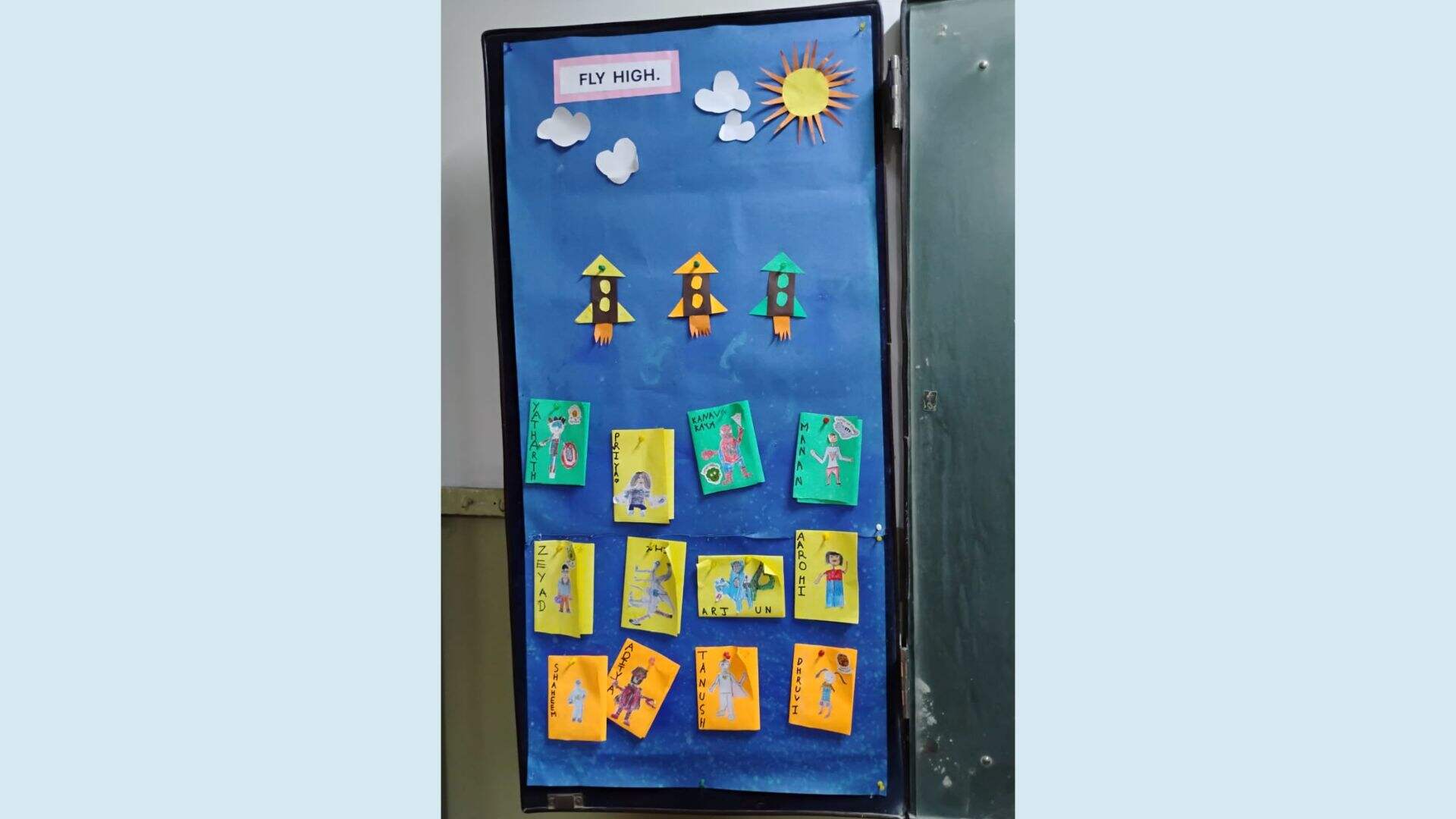 A bulletin board at Akshar School, Kolkata displaying rockets for carrying the 'astronauts with special needs' into space.