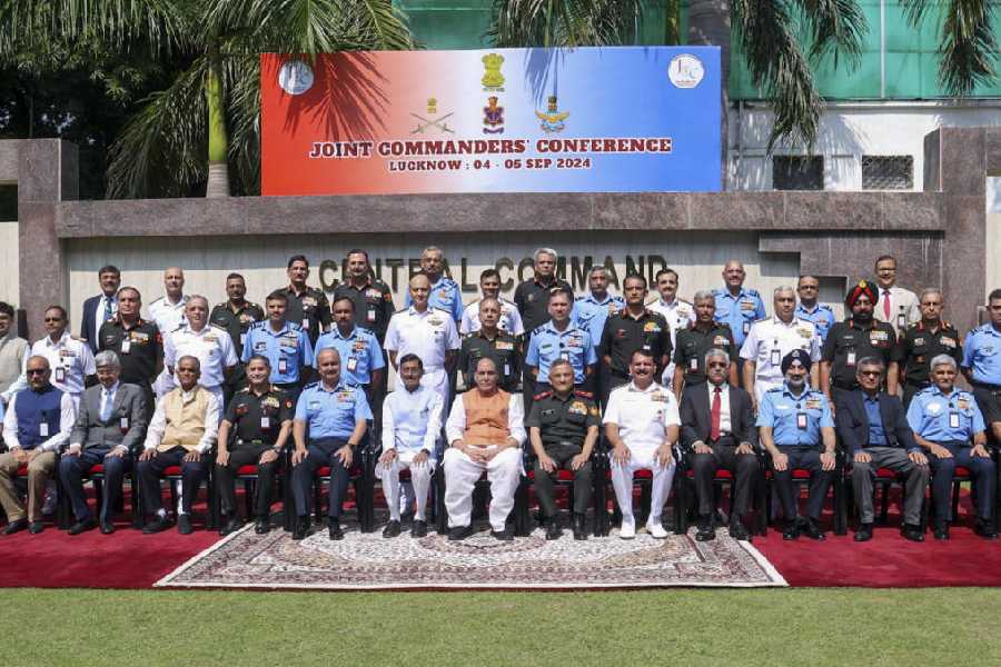 Rajnath Singh with defence forces personnel at the joint commanders’ conference in Lucknow on Thursday. 