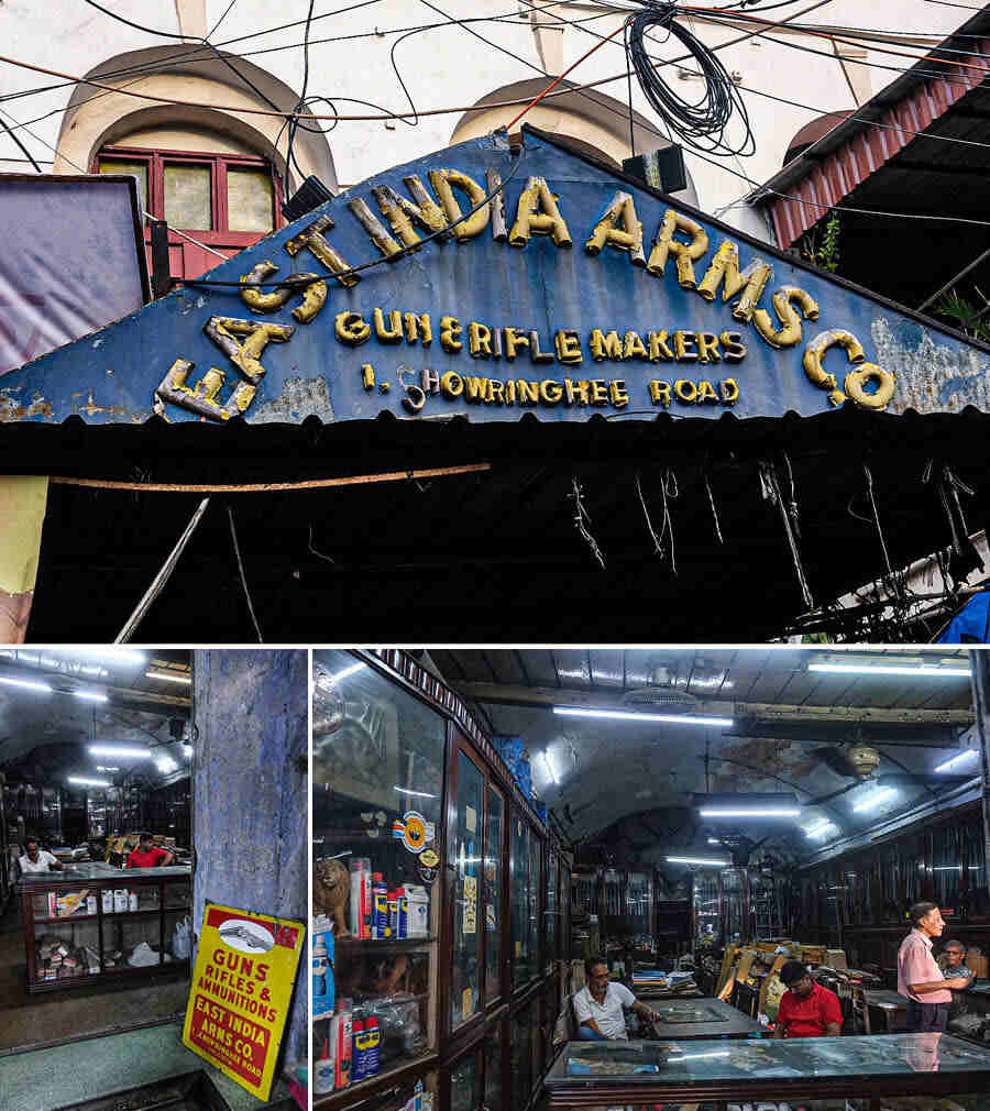  Located at the tri-junction of Jawaharlal Nehru Road, Lenin Sarani and Chittaranjan Avenue in the heart of central Kolkata’s Esplanade, the East India Arms Company stands testament to the city’s long and storied past. One of the few remaining gun shops in Kolkata, the store has been catering to firearms enthusiasts, security personnel and hunters alike for over a century. With its rich history and wide array of firearms, the store at 1, Chowringhee (Jawaharlal Nehru) Road, continues to draw customers who value tradition, quality and expertise that comes with generations of knowledge. Picture above shows the main facade of the shop, nameplate and huge interiors  