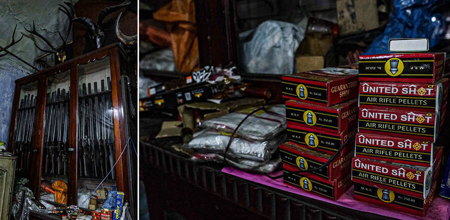A collection of vintage spring-piston air rifles, .22 caliber, displayed alongside essential maintenance tools. These airguns, with their distinct wooden stocks and simple mechanical design, have been a staple for target shooting and pest control for decades, embodying the craftsmanship of Kolkata’s firearms heritage and (right) United Shot air rifle pellets displayed at the store  priced at Rs 350 per box. The store offers pistols and revolvers from renowned manufacturers like Beretta, Colt, and Smith & Wesson, starting from Rs 50,000 for entry-level model and extending up to Rs 1,50,000 for high-end brands with special features like advanced optics and extended magazine capacities