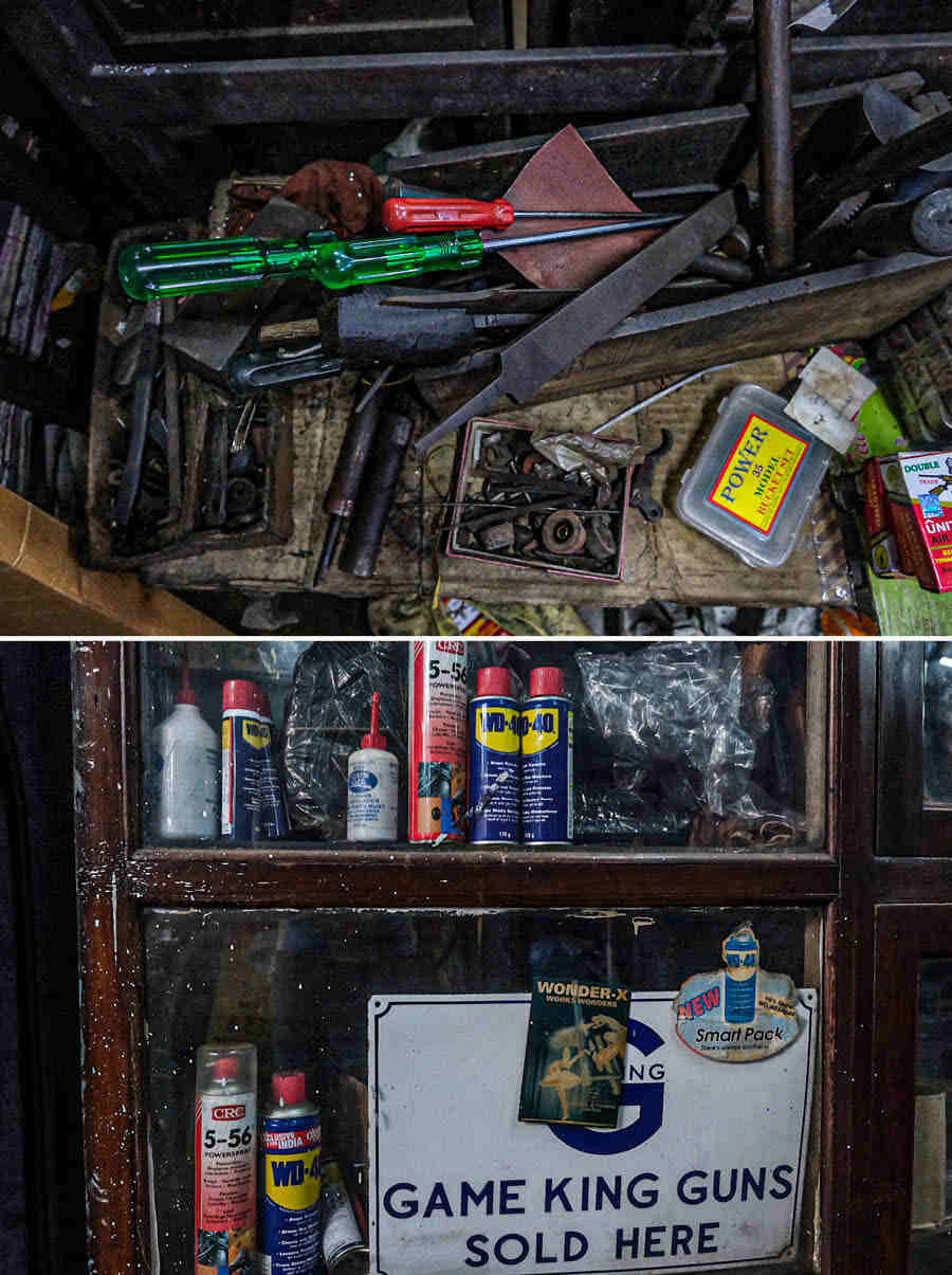 Owning a gun from East India Arms Company is about more than just protection or sport. It is an investment in a piece of Kolkata’s history. The firearms, though modern, come with a legacy of trust and expertise. Prices reflect this quality and history, ensuring that customers receive top-tier products that are not only functional but also carry a story within them. Featured on top are tools and equipment for gun restoration and maintenance and (above) display of gun oils and maintenance products alongside a sign for Game King guns, highlighting the store’s range of firearm accessories. Catering to hobbyists and beginners, the shop also stocks a range of air rifles, with prices starting from Rs 12,000. These are popular among those who are not licensed to own firearms but wish to practise shooting for sport 