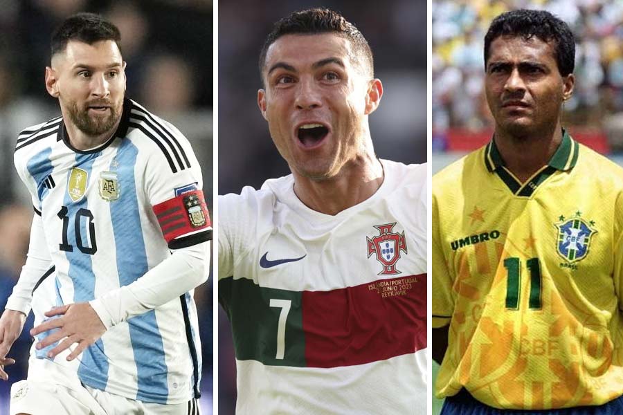 Lionel Messi (left), Cristiano Ronaldo (Centre), Romario (right)