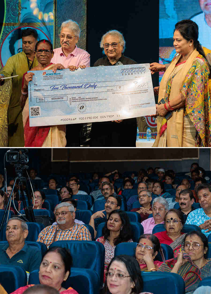 (Top) A part of the annual tradition — the committee offers financial assistance and healthcare support to one of the technicians who worked with Uttam Kumar. This year, the support was offered to Shankar Das, who worked as a production assistant in several films of Uttam Kumar. His wife received it on his behalf. (Bottom) The audience was captured immersed in the magic of Uttam Kumar, remembering him on his birth anniversary