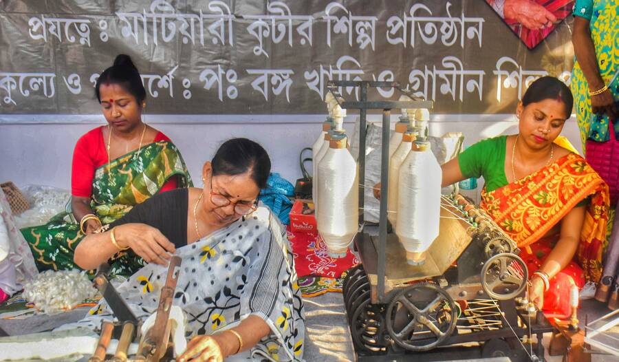 Nadia District Khadi Fair was inaugurated at Krishnanagar on September 6. Various textiles and small products are on display till September 17. An exhibition hall has been set up at the fair where visitors can see how yarn is spun out of cotton on a spinning wheel