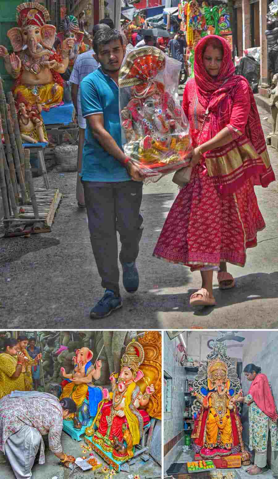 September 6 proved hectic for Kolkatans busy making the final round of preparations for the 10-day Ganesh Chaturthi festival that begins on Saturday. (Clockwise from top left)  A couple takes an idol of the elephant-headed god from Kumartuli,  a woman performs a pre-puja ritual  before taking an idol to their house and a 5-feet high Ganesha idol made by Soma Rakshit at Nutun Bazar in Burrabazar on Friday