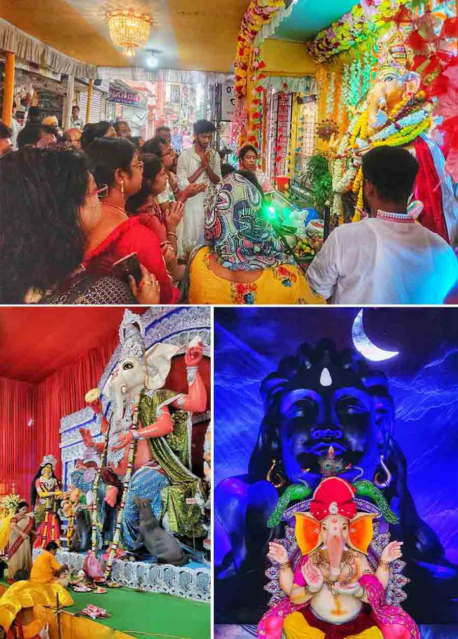 From north to south Kolkata, devotees were immersed in Ganesh Chaturthi celebrations on Saturday. (Clockwise from top left) People from all age groups offer ‘anjaliֹ’ at a north Kolkata puja, the Executive Palace Complex on VIP Road, Baguiati, has showcased a 13-ft replica of Adiyogi during this year’s Ganesh Puja and the Lord at a puja near Lake Kalibari