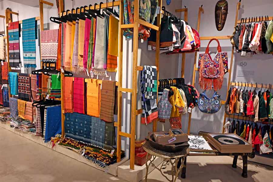 A view of the textiles, saris and accessories, many of which are created by master weavers, on display at CIMA till October 9