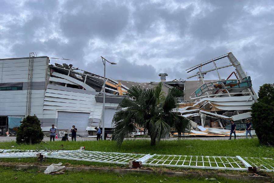 A general view of a factory belonging to LG Electronics collapsed following the impact of Typhoon Yagi, in Trang Due Industrial Zone, Hai Phong city, Vietnam, September 9, 2024.