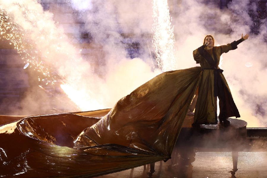 Musician Santa performs during the closing ceremony.