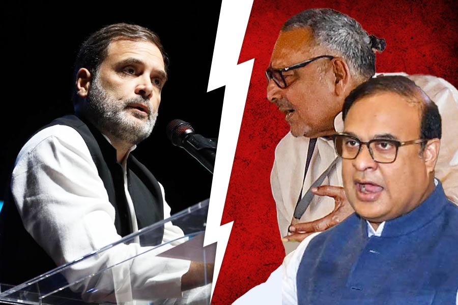 Rahul Gandhi (left), Himanta Biswa Sarma and Giriraj Singh (right)