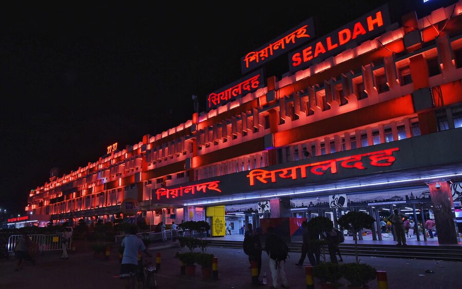 The Sealdah railway station facade sports an orange hue on the eve of World Suicide Prevention Day 