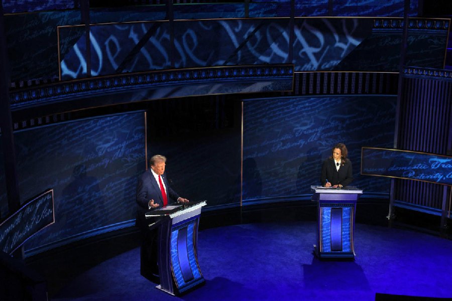 Republican presidential nominee, former U.S. President Donald Trump and Democratic presidential nominee, U.S. Vice President Kamala Harris attend a presidential debate hosted by ABC in Philadelphia, Pennsylvania, U.S.