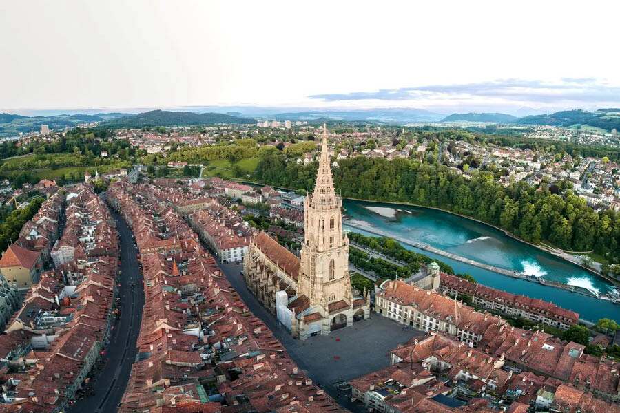 A drone shot of Bern Minster, Switzerland’s largest ecclesiastical (religious) structure