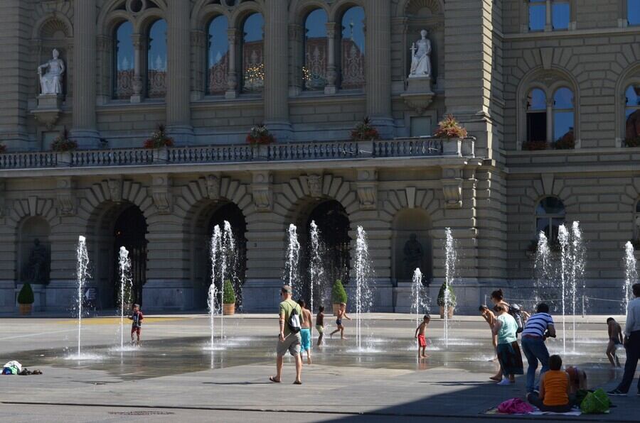 The water display outside the Parliament Building is a popular hangout for families