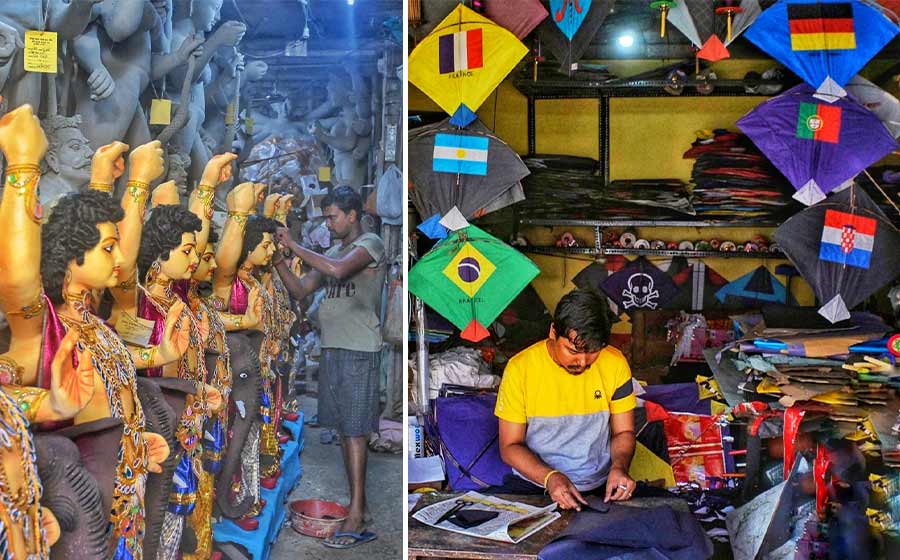 An artisan works on a Vishwakarma idol at Kumartuli on Wednesday. This year, Vishwakarma Puja will be celebrated on September 17 (left) and (right) a shopkeeper in central Kolkata makes kites ahead of Vishwakarma Puja